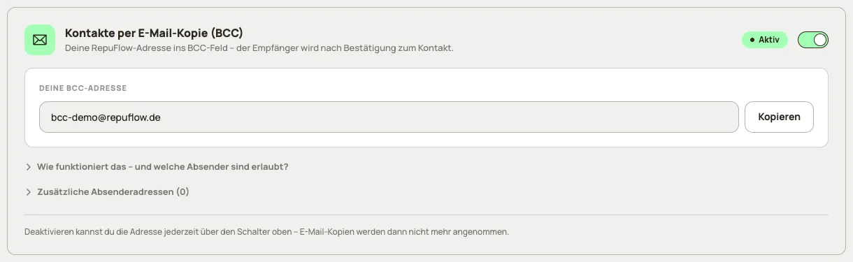 RepuFlow-Einstellungen mit der persönlichen BCC-Adresse und Kopieren-Button