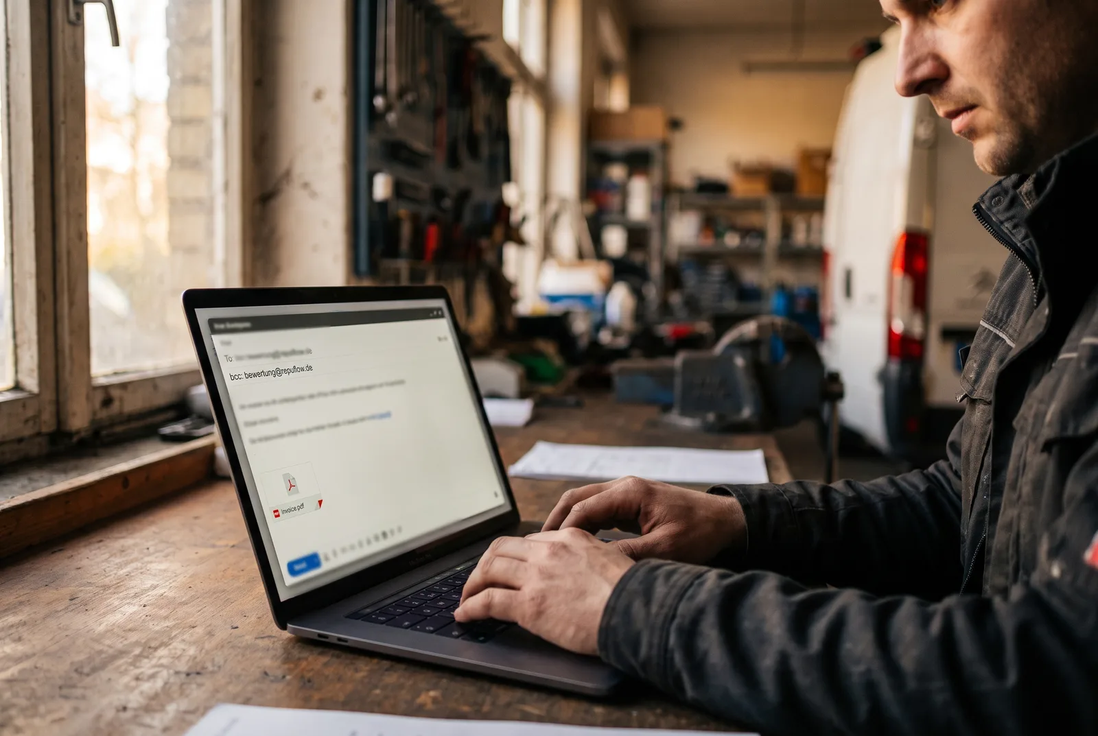 Handwerker schreibt im Werkstattbüro am Laptop eine Rechnungsmail an einen Kunden