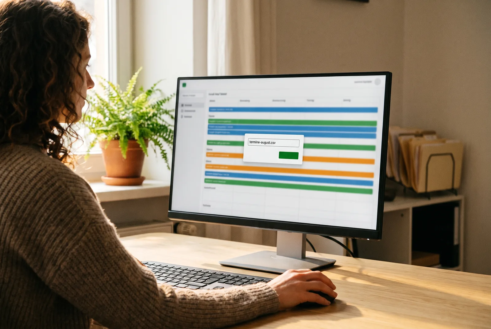 Empfangsmitarbeiterin exportiert am Monitor die Terminliste als Datei termine-august.csv