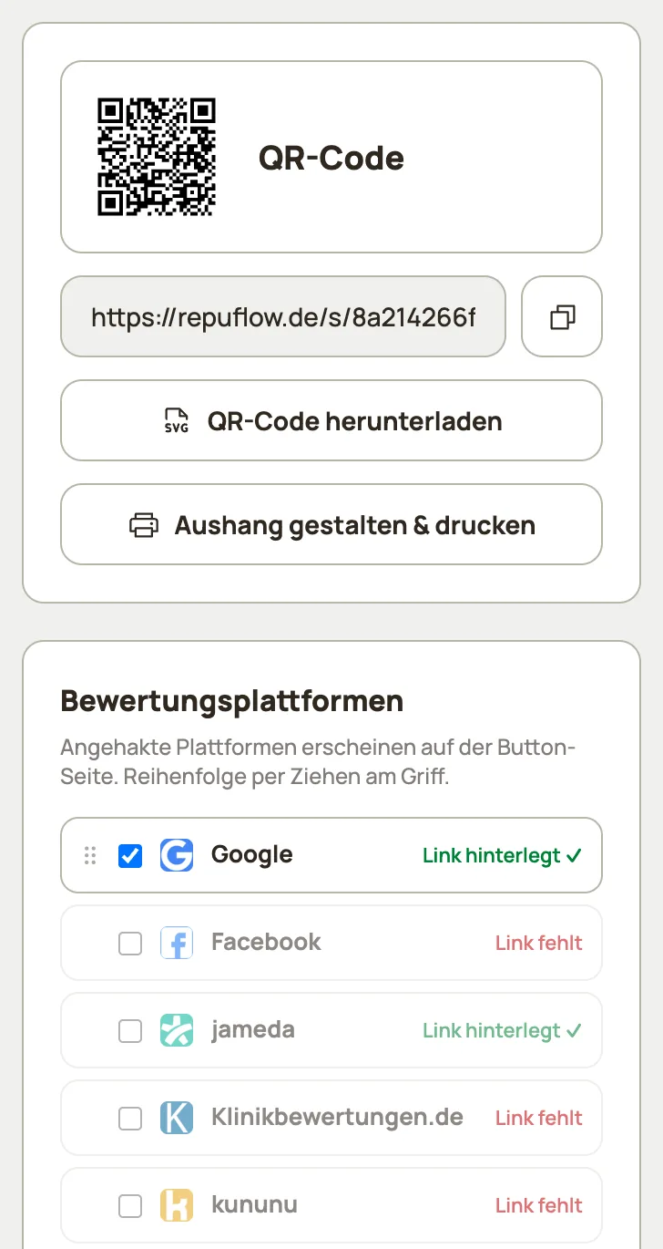 QR-Strecke in RepuFlow: QR-Code zum Herunterladen und Liste der Bewertungsplattformen