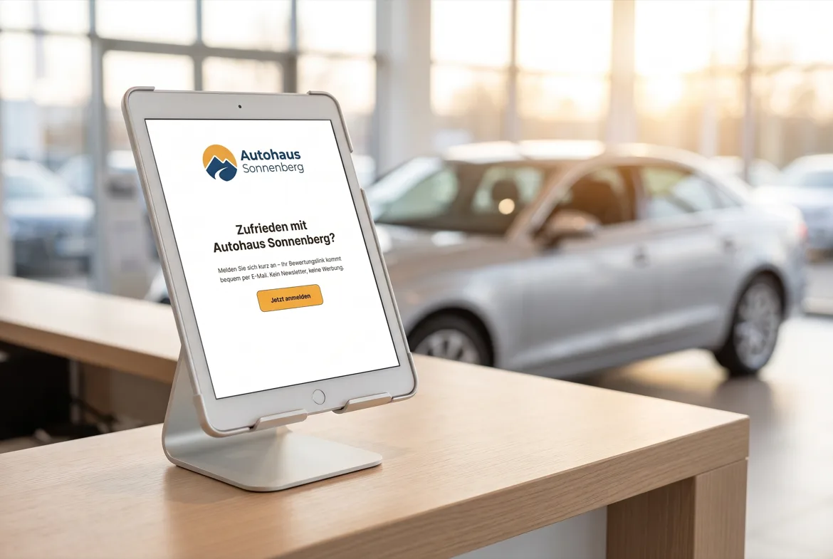 Tablet im Kiosk-Modus auf dem Tresen eines Autohauses mit Anmeldemaske