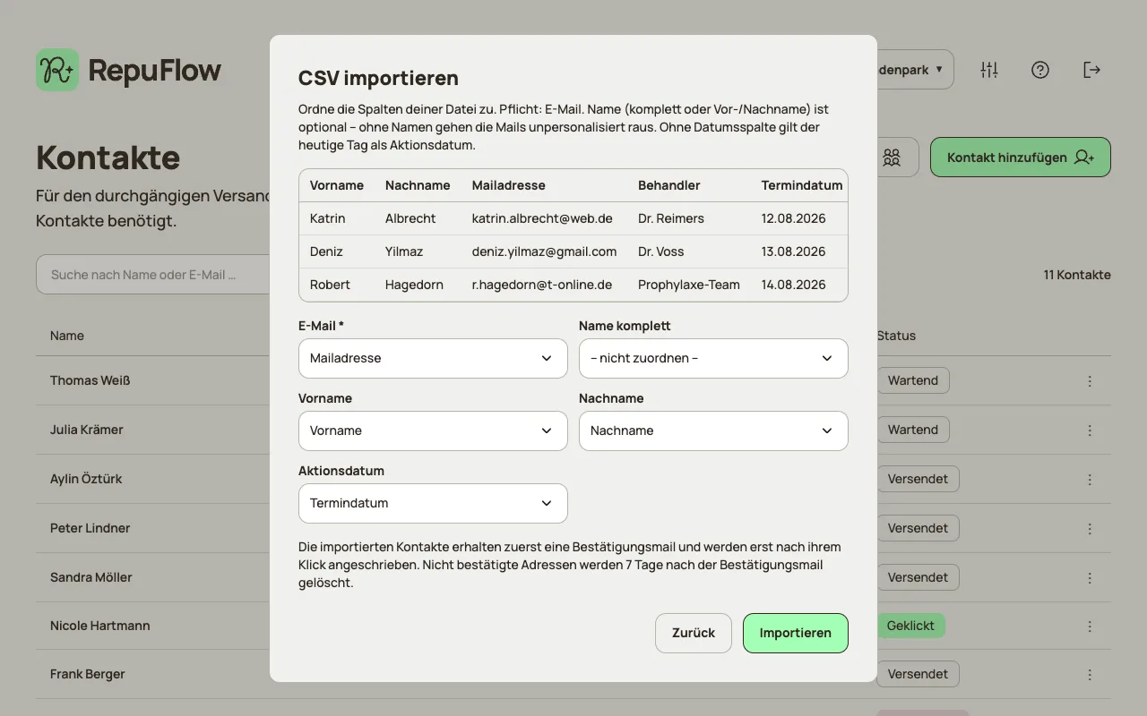 CSV-Import in RepuFlow: Vorschau der Datei und Zuordnung der Spalten