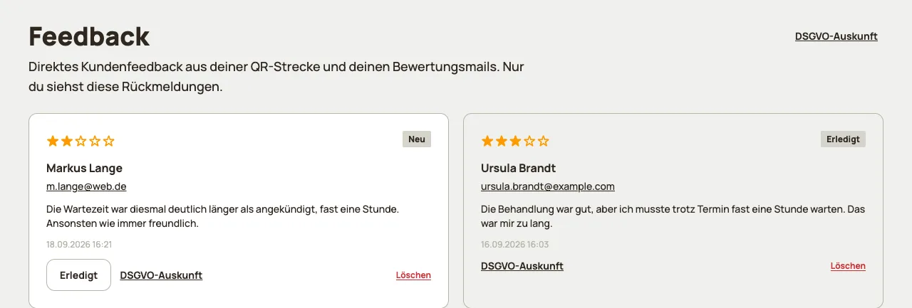 Feedback-Postfach in RepuFlow mit einer neuen und einer erledigten Rückmeldung samt Kontaktdaten