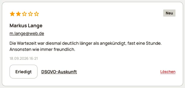 Eintrag im Feedback-Postfach: R&uuml;ckmeldung von Markus Lange mit Kontaktdaten und Erledigt-Knopf
