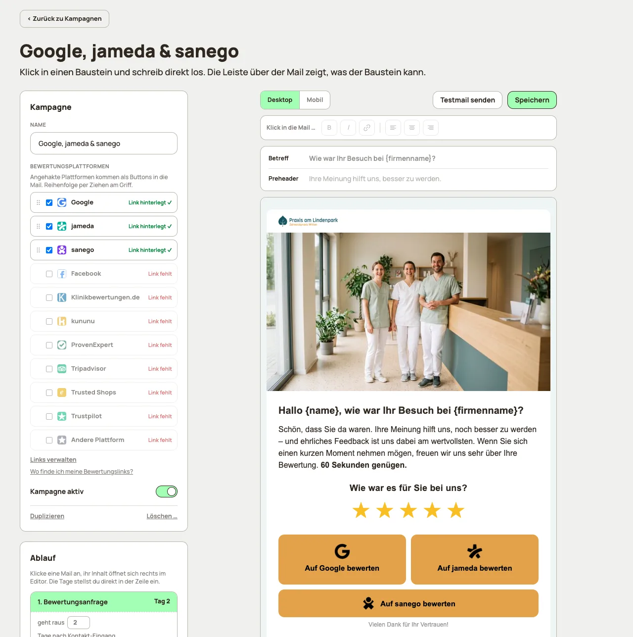 Kampagnen-Editor mit Live-Vorschau der Bewertungsmail und eigenen Buttons f&uuml;r Google, jameda und sanego